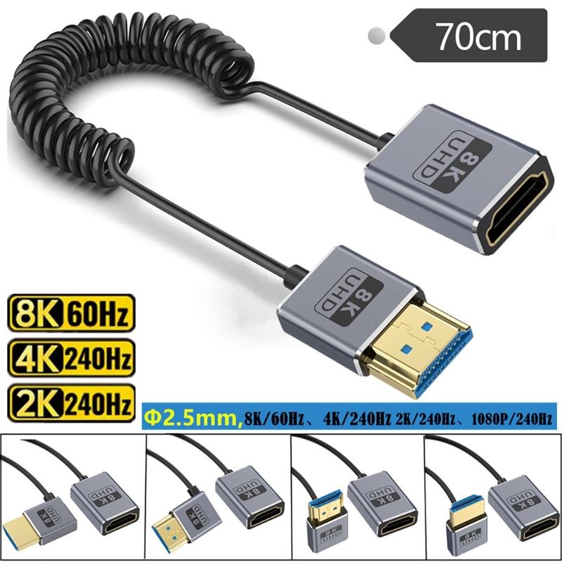 Тонкий витой видеокабель 8K60 Гц 2.1, 48 Гбит/с, с пружинным дизайном шнура, повышает гибкость и долговечность, 70 см / 27,56 дюйма