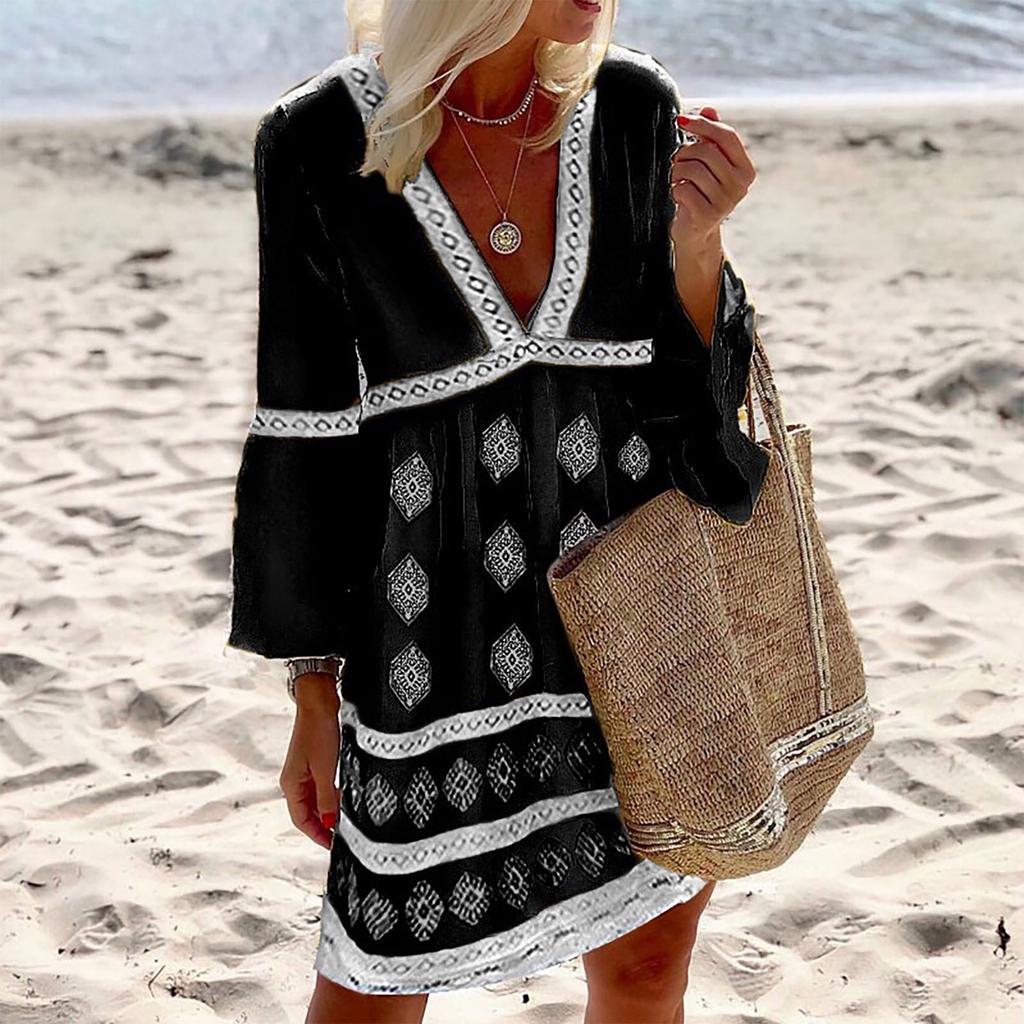 Женское модное повседневное платье с v-образным вырезом и принтом средней длины и рукавами три четверти