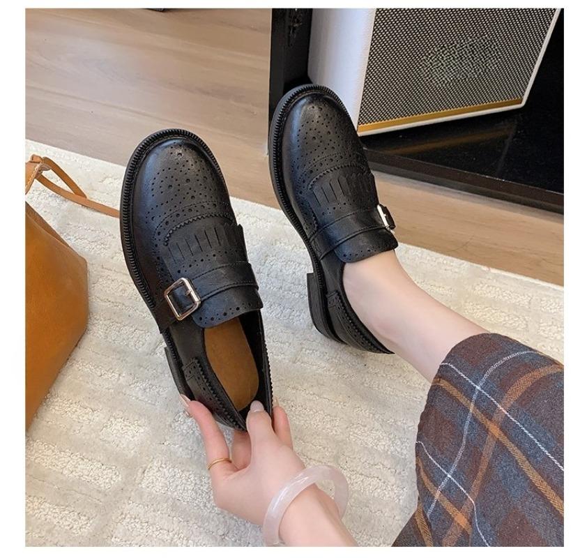 Модные ретро туфли на низком каблуке, осенняя новинка, круглый носок, глубокий вырез, дышащие отверстия, металлическая пряжка, нескользящая низкая посадка