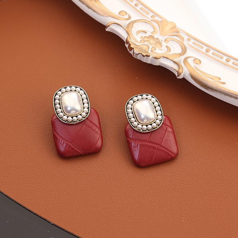 Новые винно-красные кожаные серьги с жемчугом, серьги в литературном ретро-этническом стиле, индивидуальные антикварные серебряные серьги-иглы
