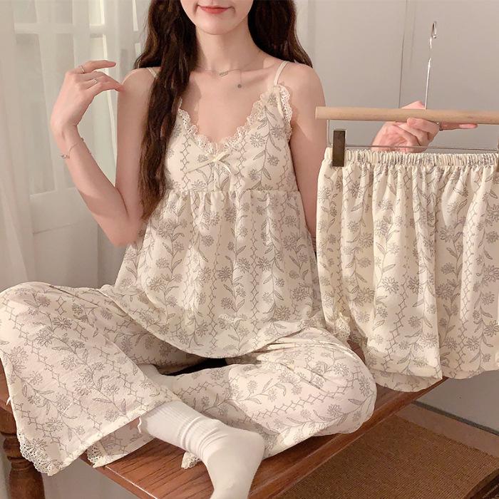 Summer Three-Piece Suit: Thin Woven Cotton with Chest Pad - Includes Suspenders, Shorts, and Trousers for Indoor and Outdoor Wear