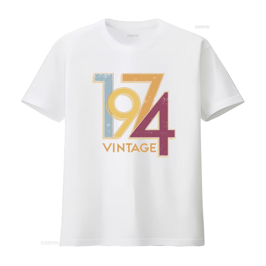 Vintage 1974 Birth Year Retro Distressed Print Casual T Shirt Vintage Washed Breathable Versatile Soft Unisex Slightly