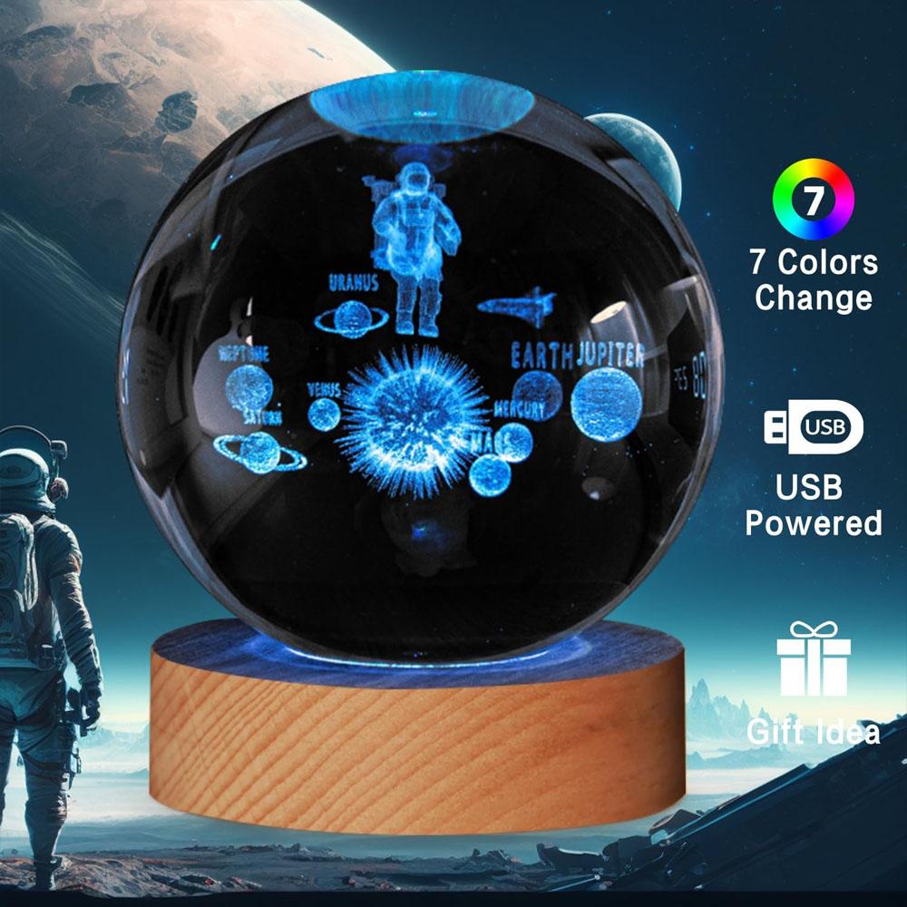 Galactic System 3Dengraved Crystal Ball Night Light Boys Girls Friends Birthday Gift Christmas Bedroom Decoration LED