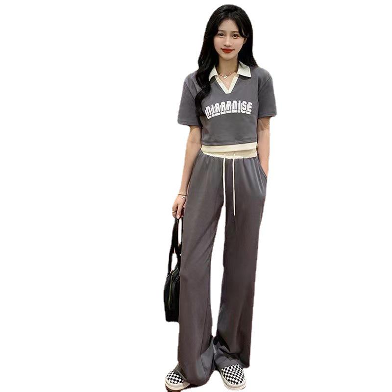 Женский летний спортивный повседневный костюм-двойка: Рубашка поло и брюки-драп
