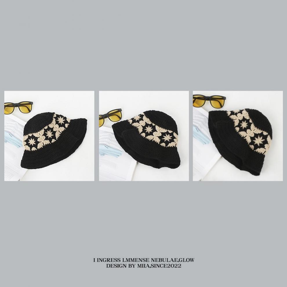 Mori Korean niche crochet flower black bucket hat autumn and winter wool hat breathable hand-knitted contrasting color pot hat