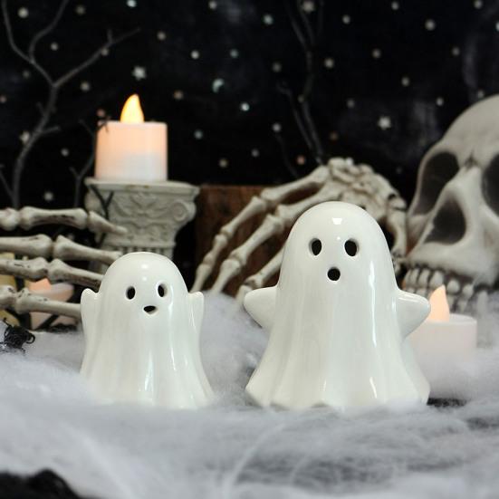 2 Pcs Ceramic Ghost Figurine Light-Up White Ghost Statue Small LED Ghost Halloween Tabletop Sculptures for Indoor Table Tray Shelf Bedroom Decor