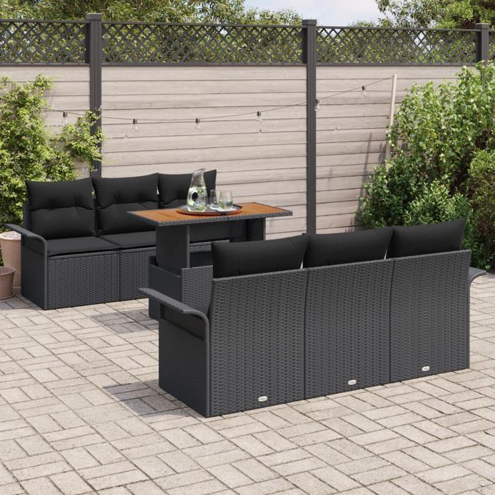 Ensemble de canapé de jardin 7 pièces avec coussins noir poly rattan, Canapé de jardin 2 places avec rangement et coussins 3358018