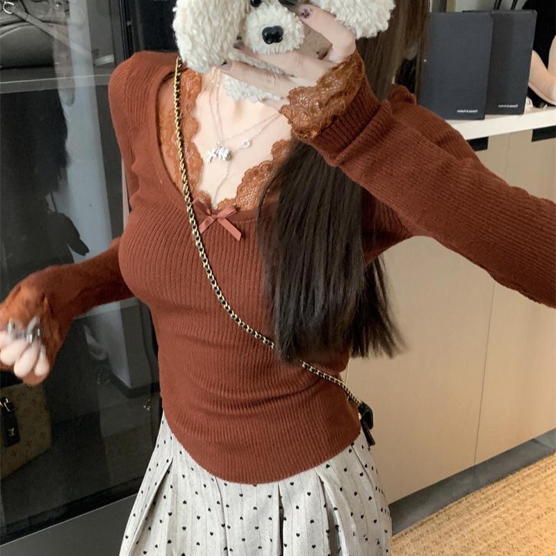 Повседневный вязаный свитер с кружевом и V-образным вырезом для женщин, осень и зима, новые облегающие вязаные свитера, женские топы, элегантные однотонные винтажные женские джемперы 25865