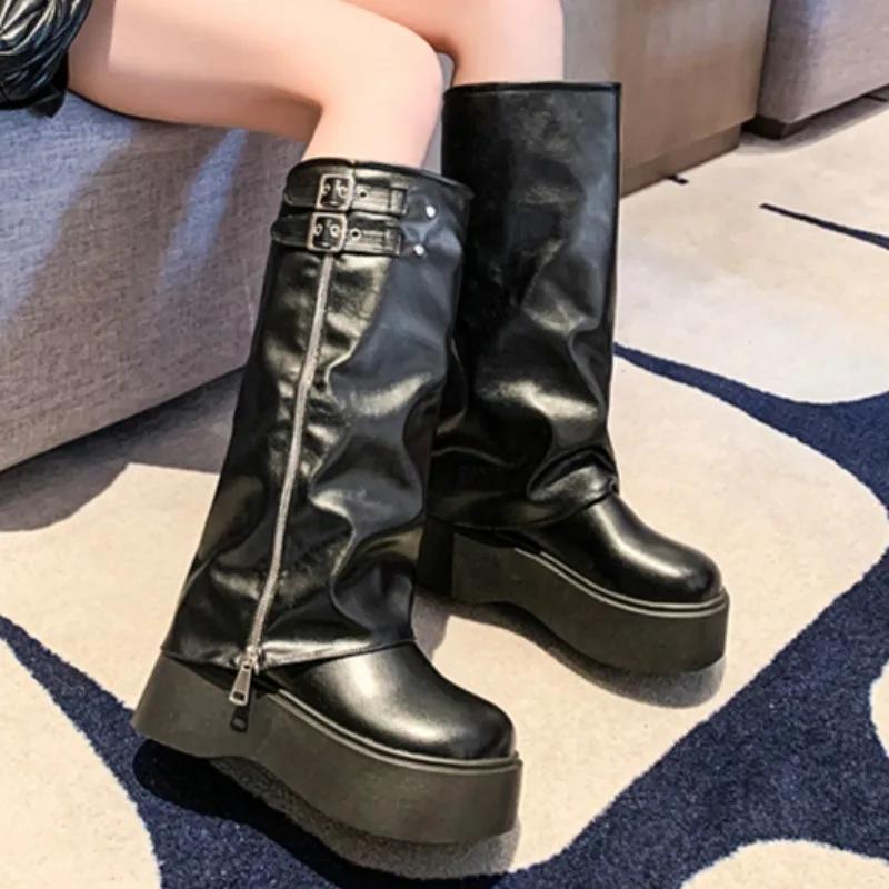 Весна Осень Женские Мотоциклетные Ботинки Британский Стиль На Толстой Подошве 2024 Сценический Подиум Ретро Молния Ремень Пряжка Дизайн Модные Ботинки