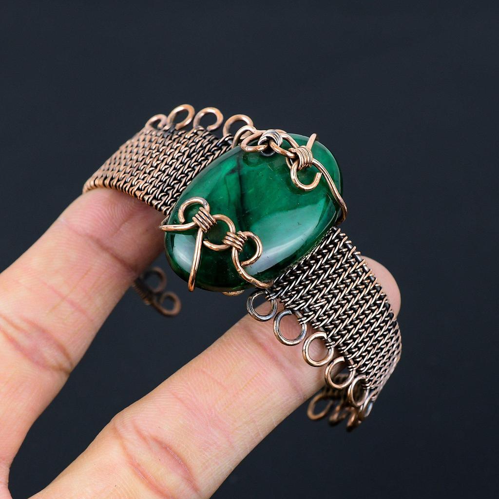 Зеленый флэш-лабрадорит, драгоценный камень, чистая медная проволока, завернутая в манжеты/браслет ручной работы, ювелирные изделия