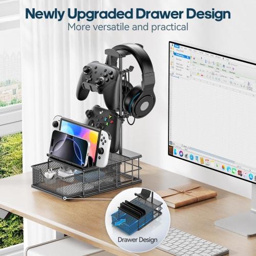 KDD Controller Stand with Drawer, Headphone Stand with Cable Holder, Game Controller Storage, Non-Slip Headphone Hanger, Stable and Durable Stand, Hea