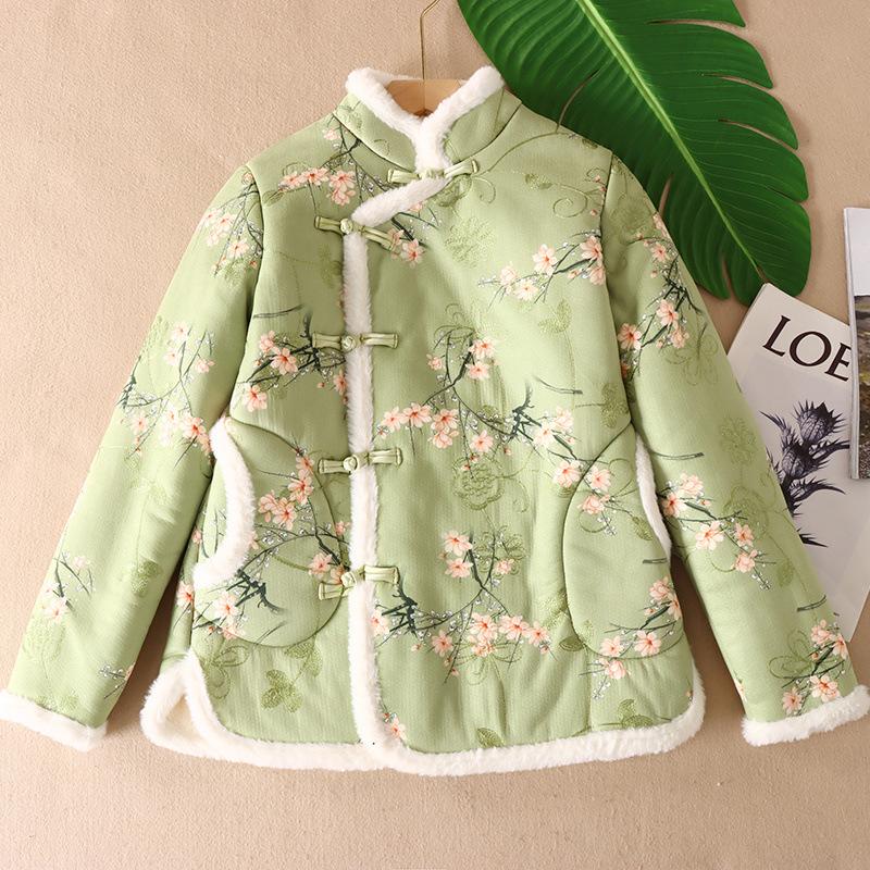 2025 Autumn Winter New Chinese Style Fashion Women Plush Cotton Coat Standing Neck Pan Button Coat Female Warm Jacket