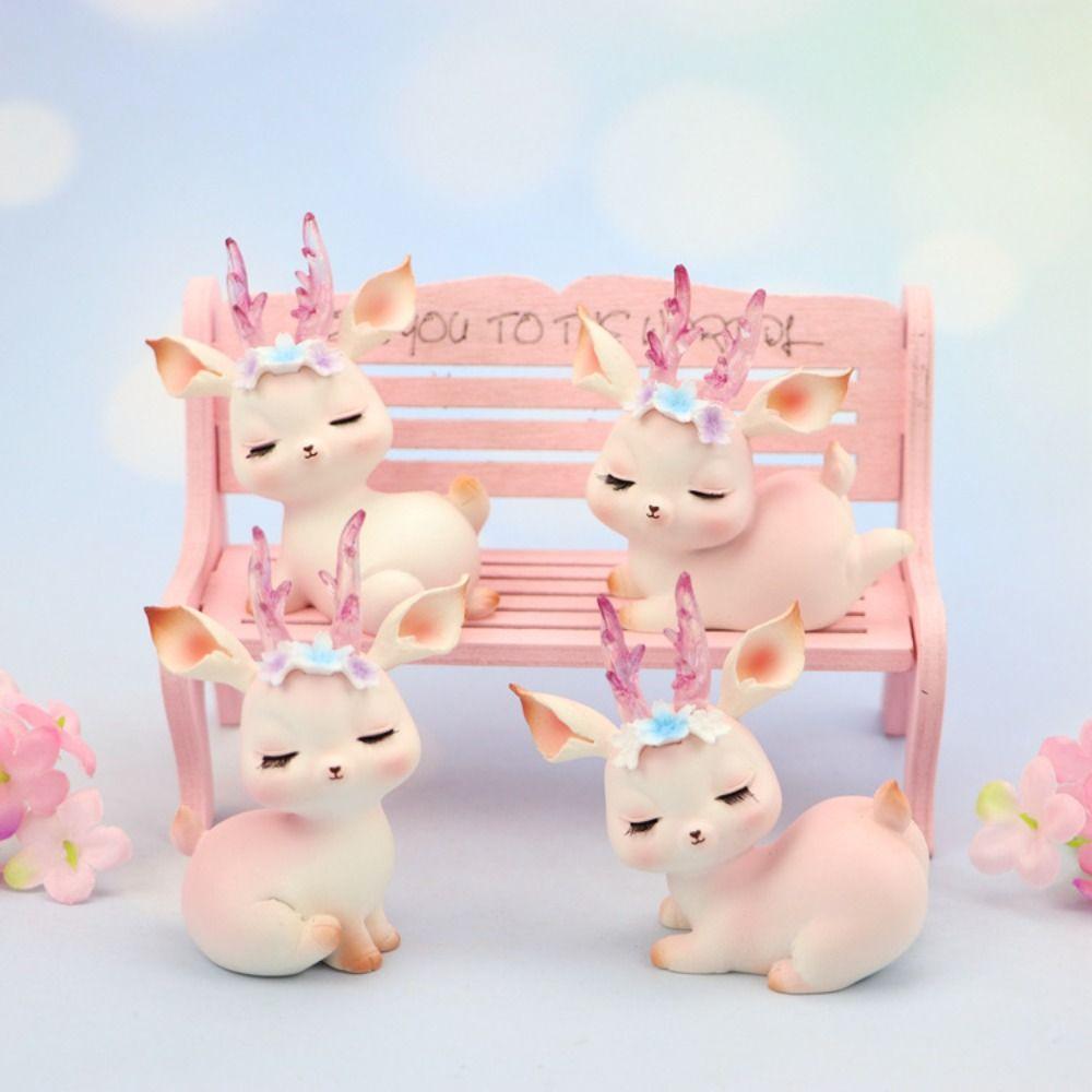 Kawaii Pink Sleeping Deer Figurine Cartoon Deer Birthday Cake Decor Office