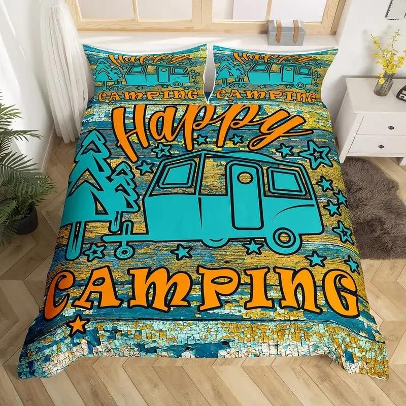 Camper Bedding Set Kids Happy Camping Duvet Cover Set Microfiber Rv Camping Quilt Cover Camper Accessories For Travel Trailers