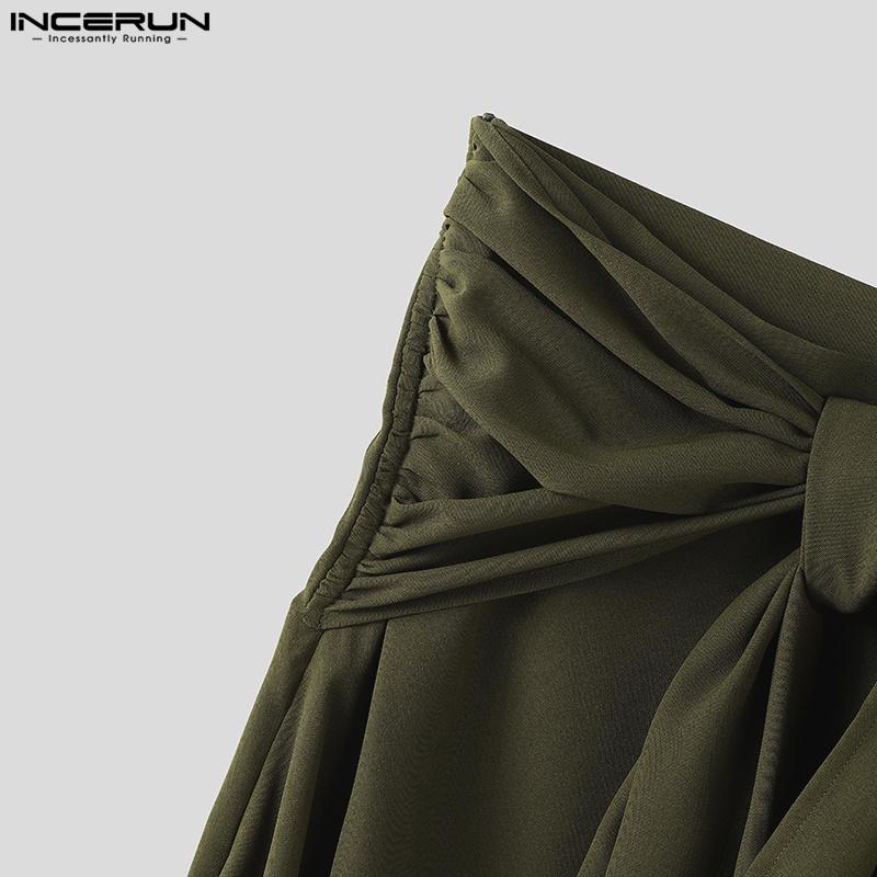 INCERUN Мужские повседневные полупрозрачные брюки-шаровары со шнуровкой и неровными слоями, со складками