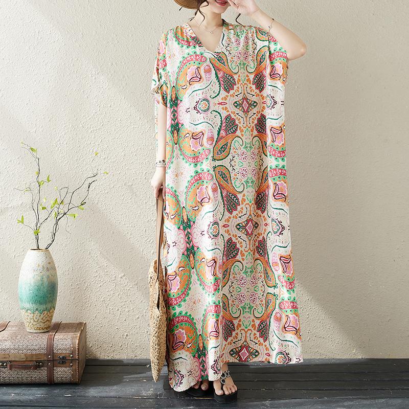 Dimanaf 2024 Plus Size Dress Women Summer V-Neck Sundress Bohemian Floral Print Loose Big Oversize Maxi Dress 5499