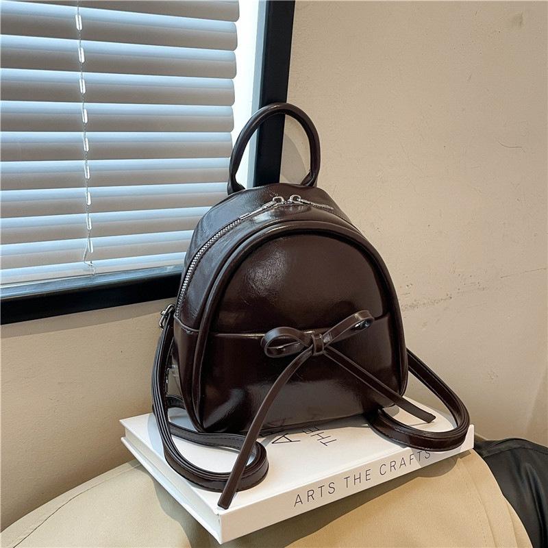 Cute Bow Solid Zipper Pu Backpack Women'S Simple Waterproof Bag Large Capacity Travel Backpack Girly Student School Bags