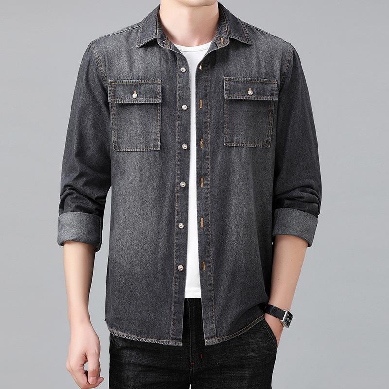 Мужская ретро-рубашка из денима с двумя карманами и длинным рукавом для мужчин