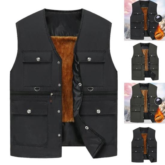 Мужской жилет, осень-зима, теплая плюшевая подкладка, ветрозащитный жилет без рукавов с v-образным вырезом, 6 карманов, застежка на пуговицы, повседневный однотонный мужской жилет, топ