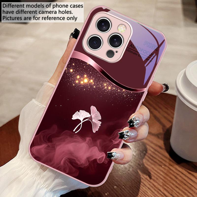 Чехол для телефона из закаленного стекла с листьями гинкго в фиолетовом дыму для iPhone 16 Pro Max 15 Pro 14 13 12 Mini 11 XS M ax XR 7 8 Plu SE 2022