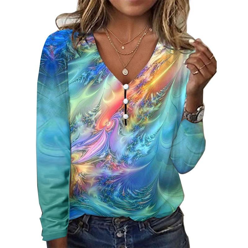 Spring and Autumn Women's Blouse V Collar Star Tie-dye Pearl Buttons Long Sleeve T-shirt