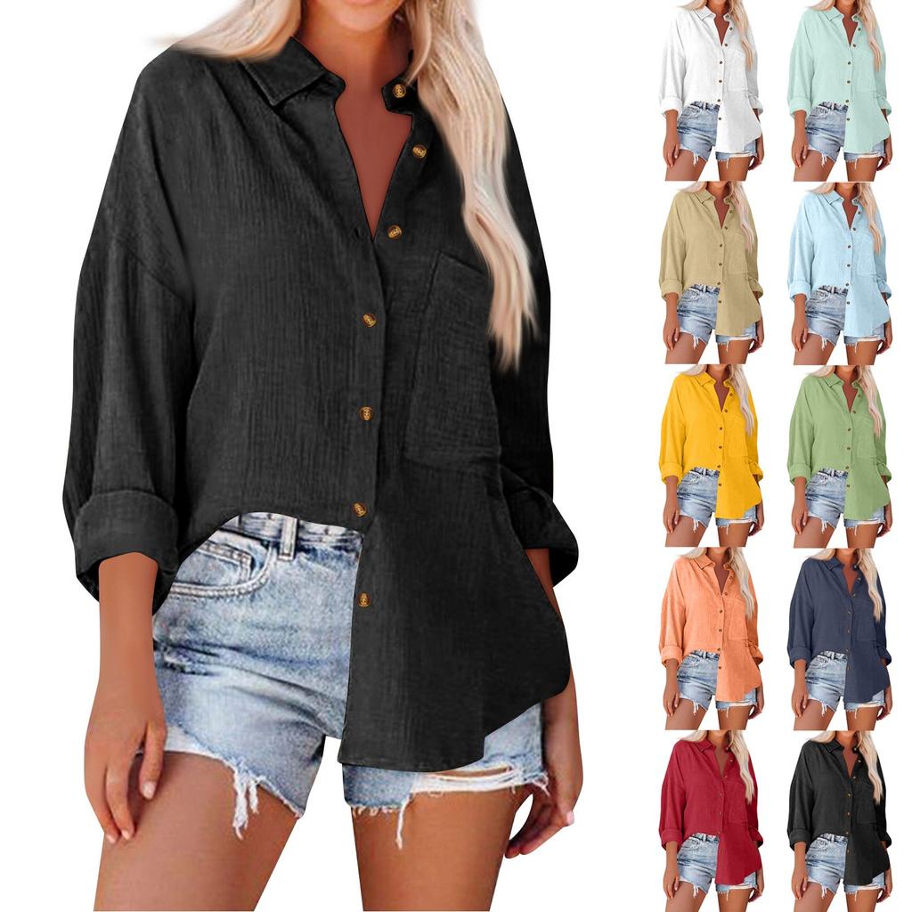 Women's Fashion Solid Color Loose Casual Single-Breasted Long Sleeve Shirt