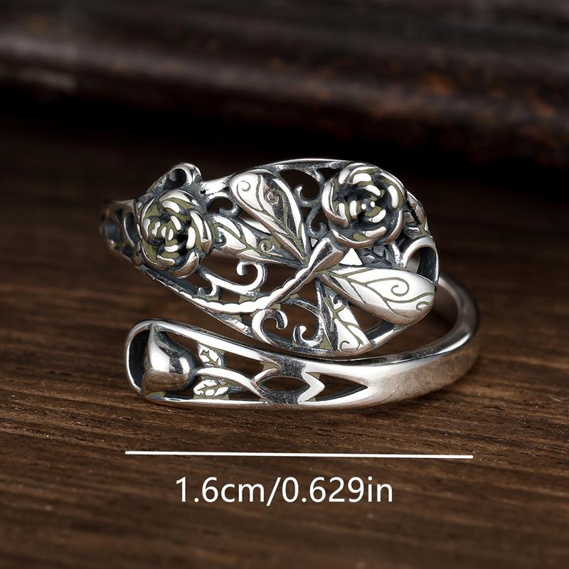 Винтажное кольцо из стерлингового серебра S925 с розами и узором в виде стрекозы для женщин, персонализированные креативные украшения для вечеринок