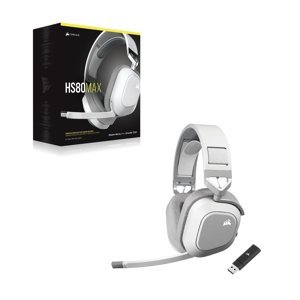 CORSAIR HS80 MAX WIRELESS Gaming Headset for Memory Foam Dolby Atomos Aluminum White PC/PS4/PS5, Bluetooth, Earpads, Audio, Frame, (CA-9011296-AP)