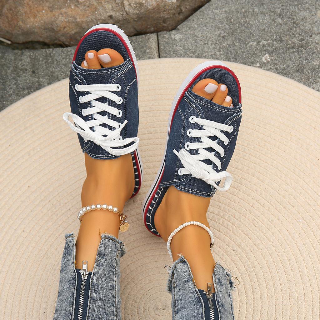2025 Женские парусиновые плоские тапочки женские на шнуровке с открытым носком новые женские повседневные модные джинсовые пляжные туфли больших размеров