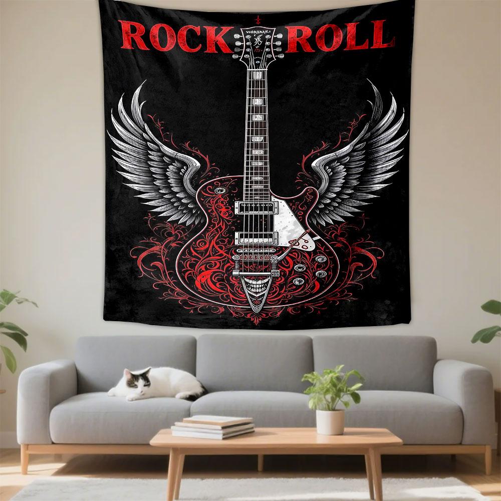 Rock and Roll Winged Electric Guitar Wall Tapestry Red Filigree Ornament Black Background Decor for Music Room Man Cave Gift