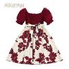 Летнее платье для девочек, красное, 100-130, детские цветочные платья с короткими рукавами и принтом, детская одежда