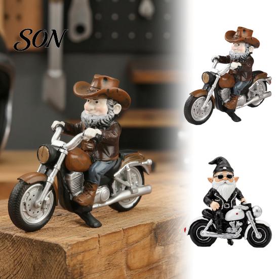 Cool Biker Dwarf Figures Motorcycle Gnome Figurine with Leather Jacket & Sunglasses, Resin Western Cowboy Style Statue for Garden Birthday Gifts