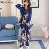 Home Ice Silk Pajamas Female Spring and Autumn Crane Long Sleeve Casual Comfortable Long Sleeve Cardigan Large Size 200 Catties Can Wear Pajamas Set