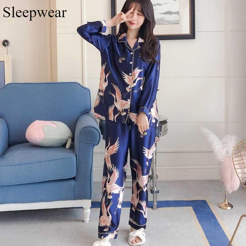 Home Ice Silk Pajamas Female Spring and Autumn Crane Long Sleeve Casual Comfortable Long Sleeve Cardigan Large Size 200 Catties Can Wear Pajamas Set