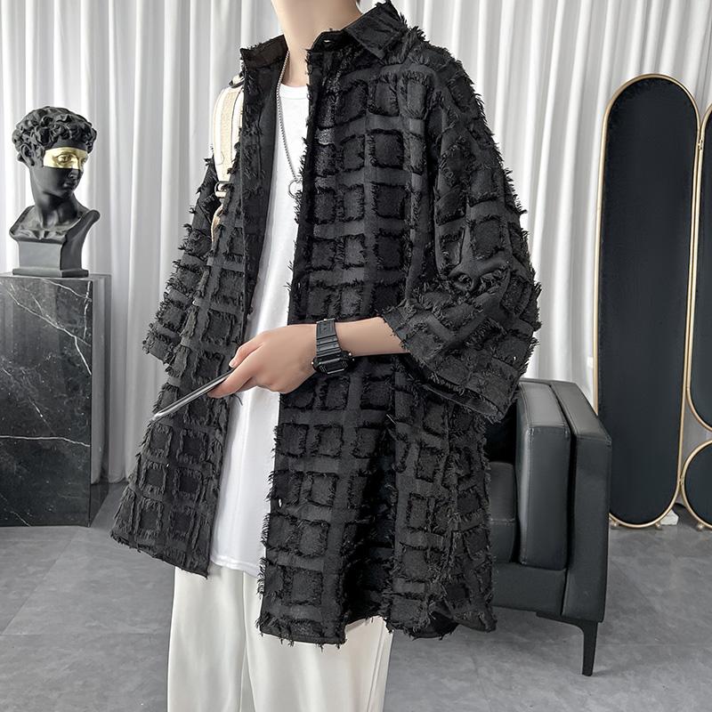 2025 Лето Мужские Корейские Полосатые Рубашки С Принтом В Клетку Мужская Мода Harajuku Повседневная Рубашка Оверсайз Мужская Уличная Одежда