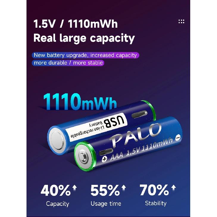 PALO 1.5V AAA 1110 мВтч USB-перезаряжаемая литий-ионная AAA-батарея 1.5V литиевые AAA-батареи для пульта дистанционного управления, мыши, игрушки + Кабель