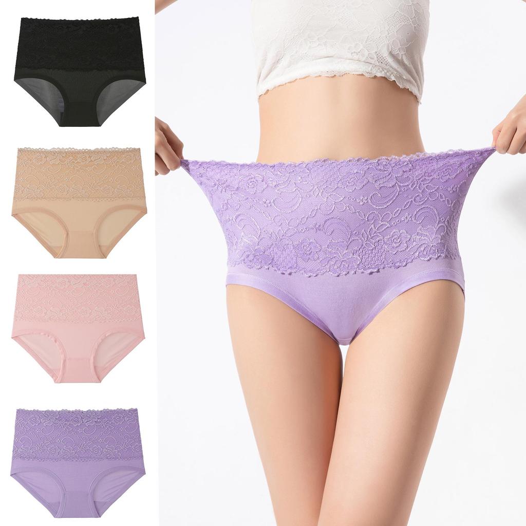 Plus Size High Waist Women's Briefs with Lace Edge In Solid Colors