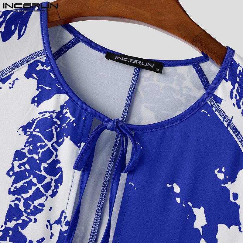 INCERUN Мужской комбинезон с длинным рукавом и принтом, открытым спереди, на шнуровке, короткий, цельный, боди, комбинезоны 