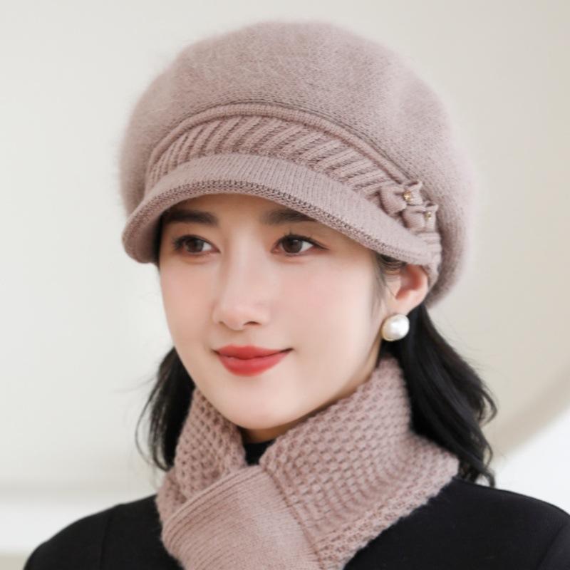Elegant Winter Beanie for Women - Cozy Knit with Floral Accent, Perfect for Middle-Aged & Elderly, Stretch Fit, Hand Washable