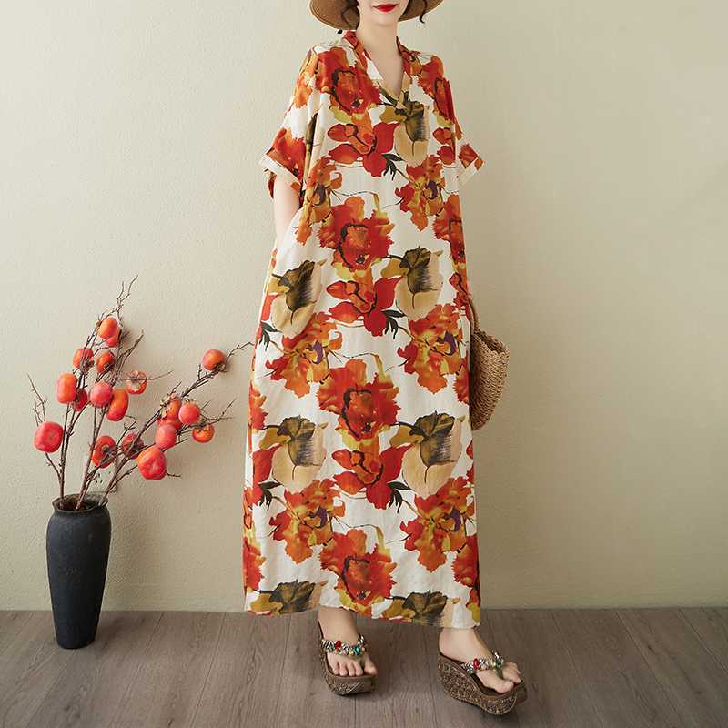 Women's Vintage Long Dress with Cotton and Linen Patterns