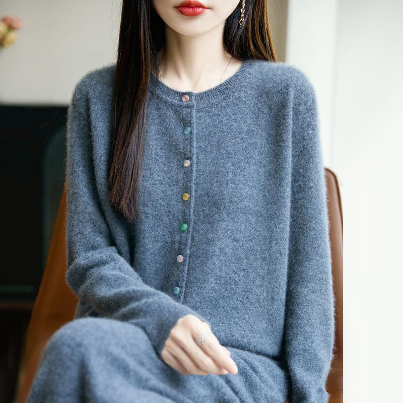 Women's Autumn 2025 Pure Wool Round Neck Cardigan - New Style Loose Knit Sweater