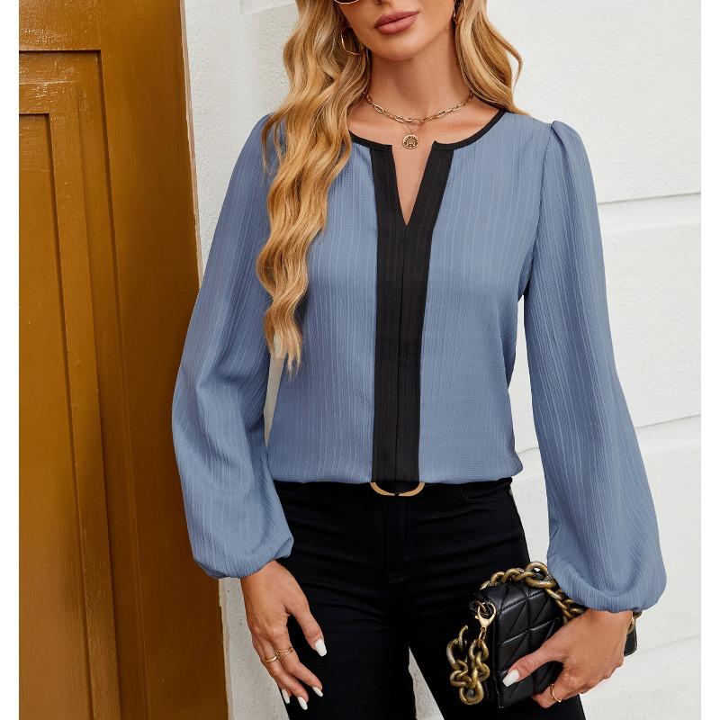Весенняя женская новая рубашка-топ с V-образным вырезом и длинными рукавами в тон