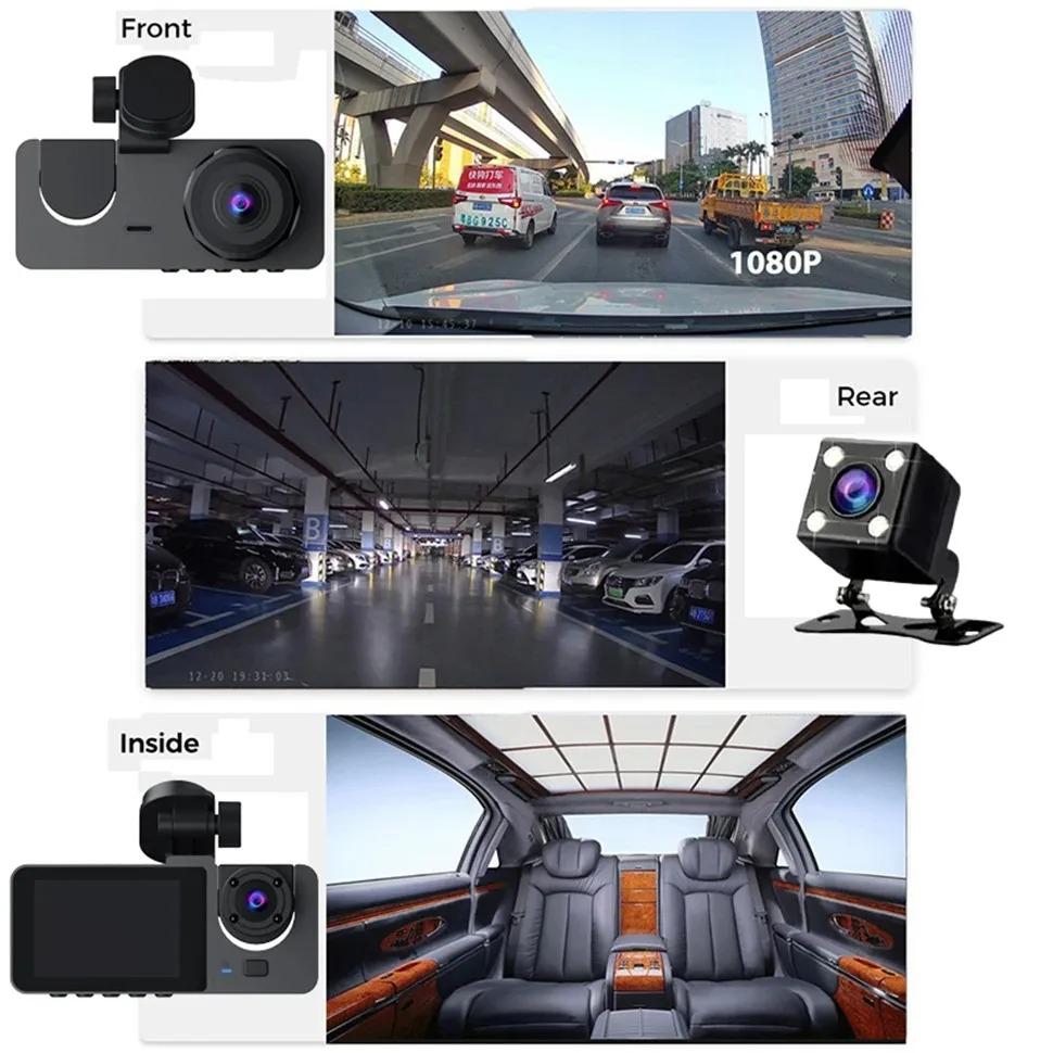 New 1080P HD Night Vision Car Driving Recorder 3-Channel Camera Video Recorder DVR Black Box Dual Lens with Rearview Camera HD Reversing Image