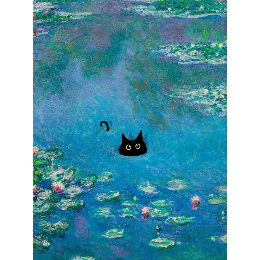 1pc Frameless Claude Monet Artworks Interesting Cute Black Cat Lotus Pond Poster Canvas Paintings for Living Room Home Decor
