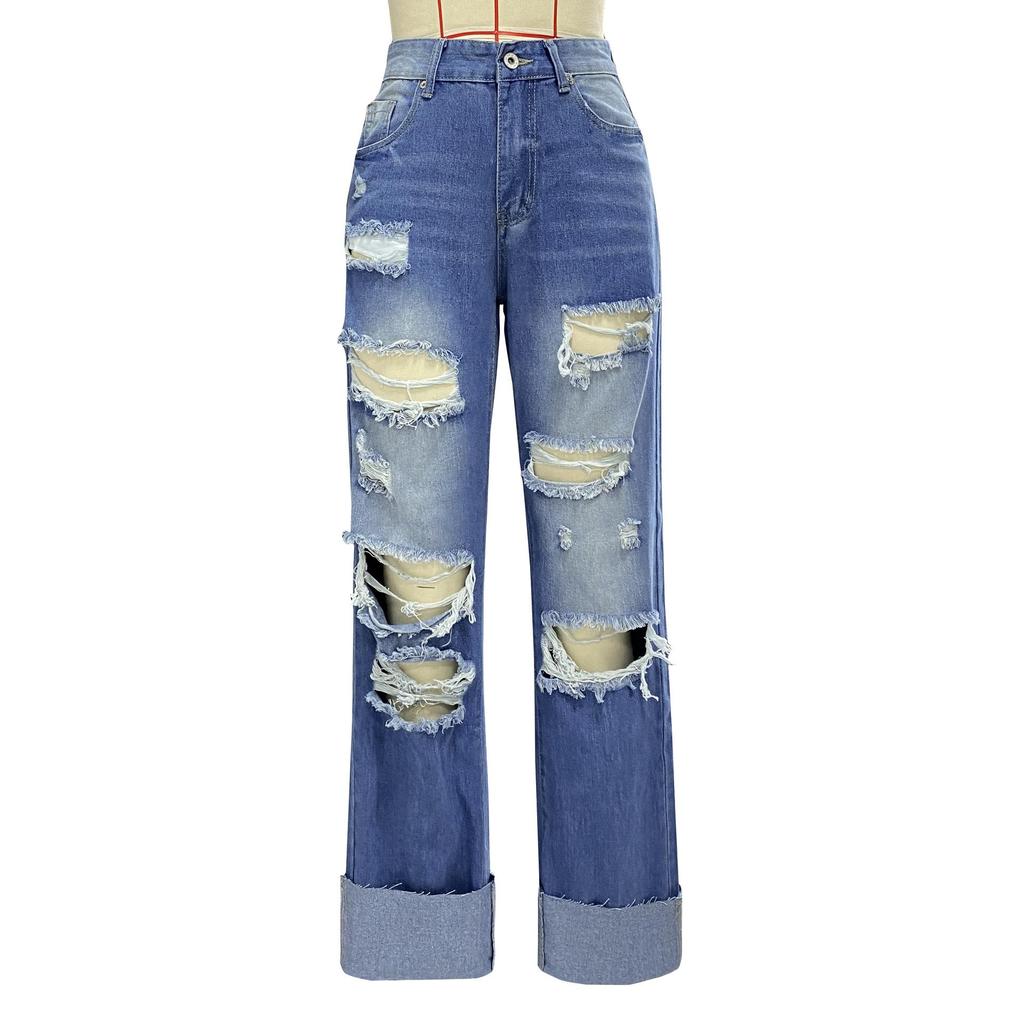 2025 Women's European Style Straight-Leg Ripped Jeans with Pockets