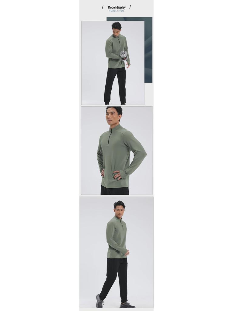 Мужской быстросохнущий пуловер для бега Dijia: С длинным рукавом, воротник-стойка, застежка-молния до середины, защита пальцев для фитнес-тренировок.