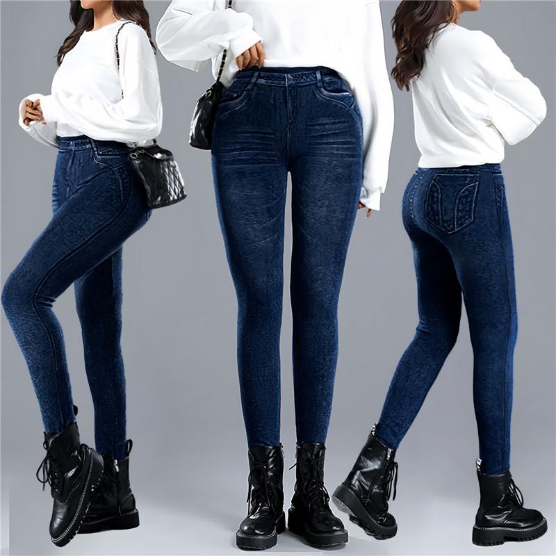Warm Thicken Velvet Women Leggings Workout Running Push Up Slim Trousers Imitation Jeans High Waist Elastic Pants