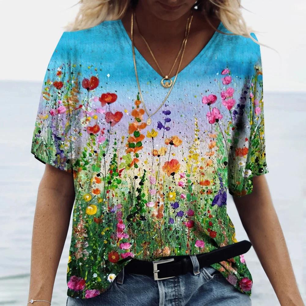 Colorful Floral T-shirt For Women Fashionable V-Neck Tops Tees Female Casual Stylish Short Sleeve Clothing Ladies Vintage Outfit