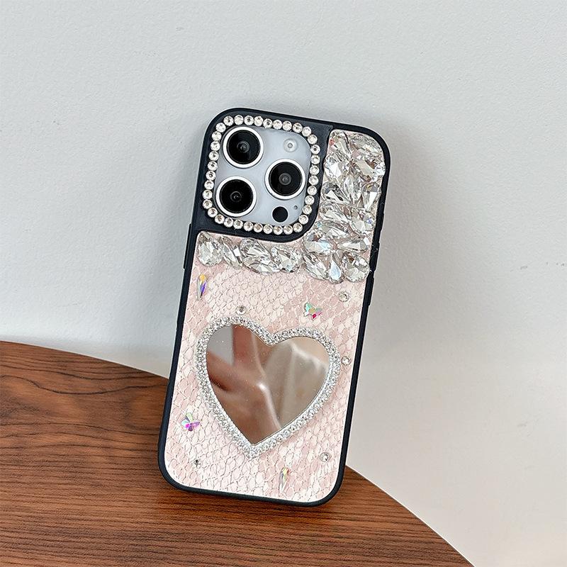 Чехол для мобильного телефона Rhinestone Love Mirror для IPhone17promax Кожа для Apple 16 Женская модель 15 Индивидуальность