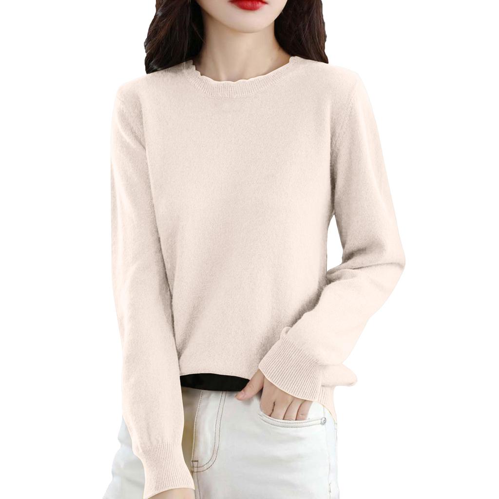 Women's Casual Lace Round Neck Base Layer Knitted Long Sleeve Solid Color Sweater
